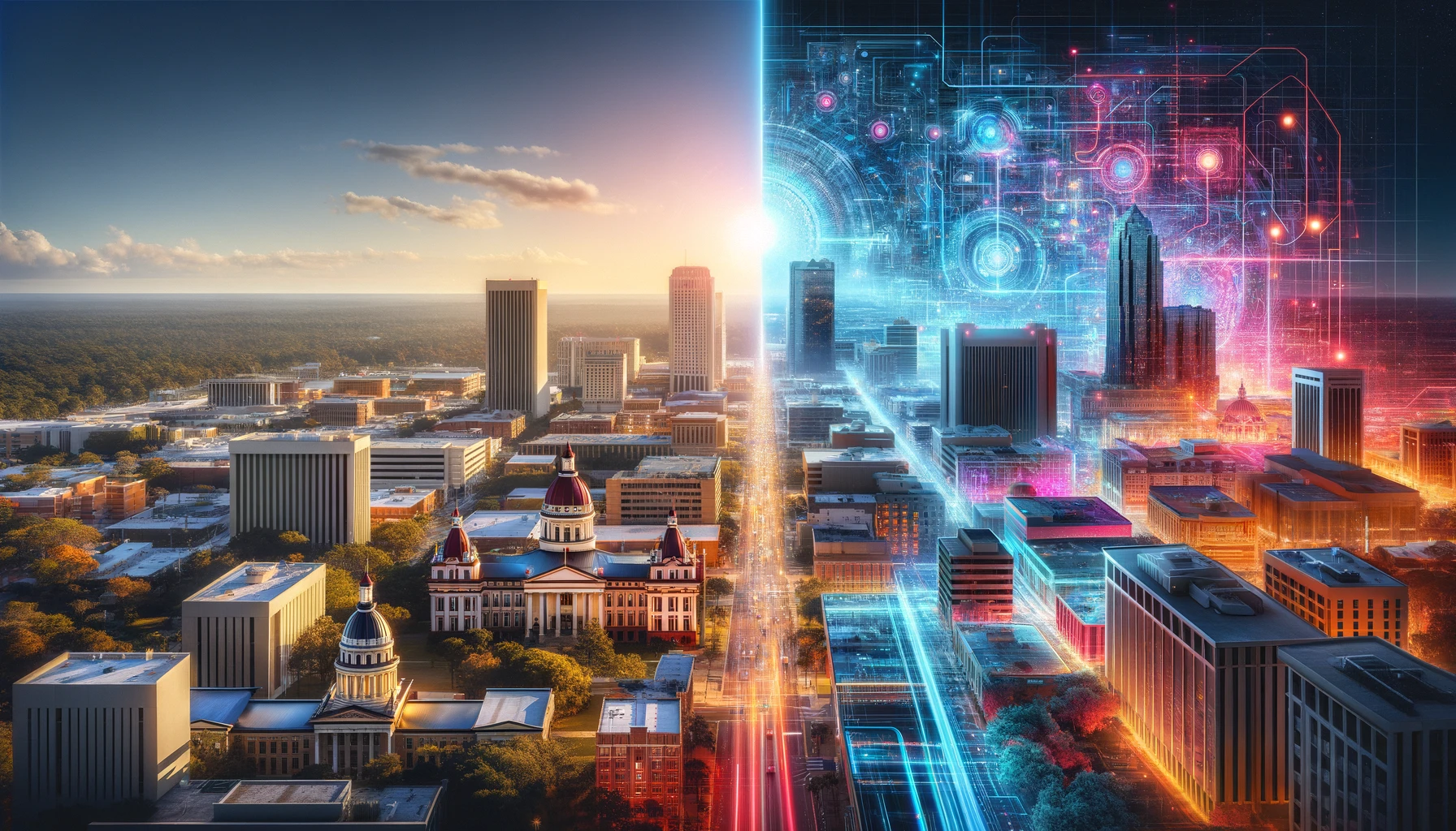 Tallahassee landscape with a cool transition from the regular picture to a futuristic online representation of the city.